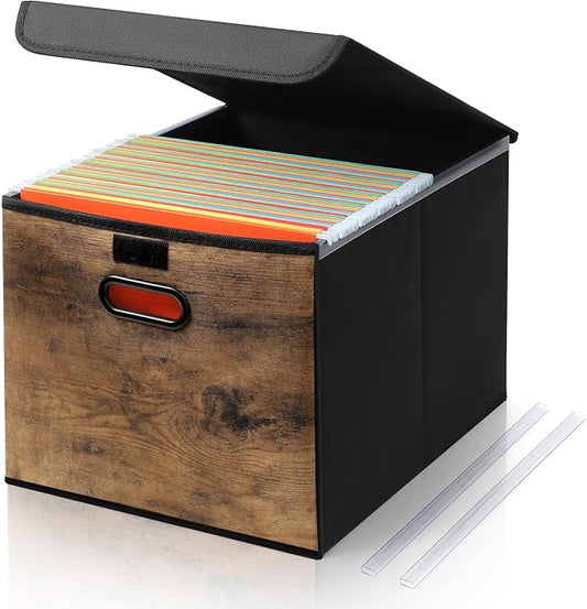 Cinnvoice File Organizer Box with Wood Grain Pattern, Hanging Collapsible File Storage Bins with Lid Plastic Slides for School Classroom Office Organizer, Rustic Brown Desk Storage