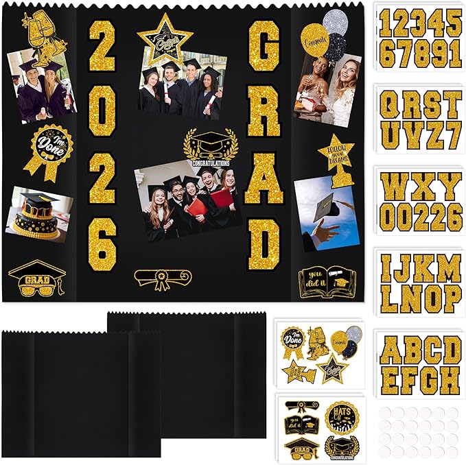 AmazingSpark 2 Sets Graduation Photo Display Board Trifold Poster Board with 12 Graduation Themed Stickers for 2026 Grad Party Decoration Picture Collage Frame Supplies (40 x 28,Black Gold)