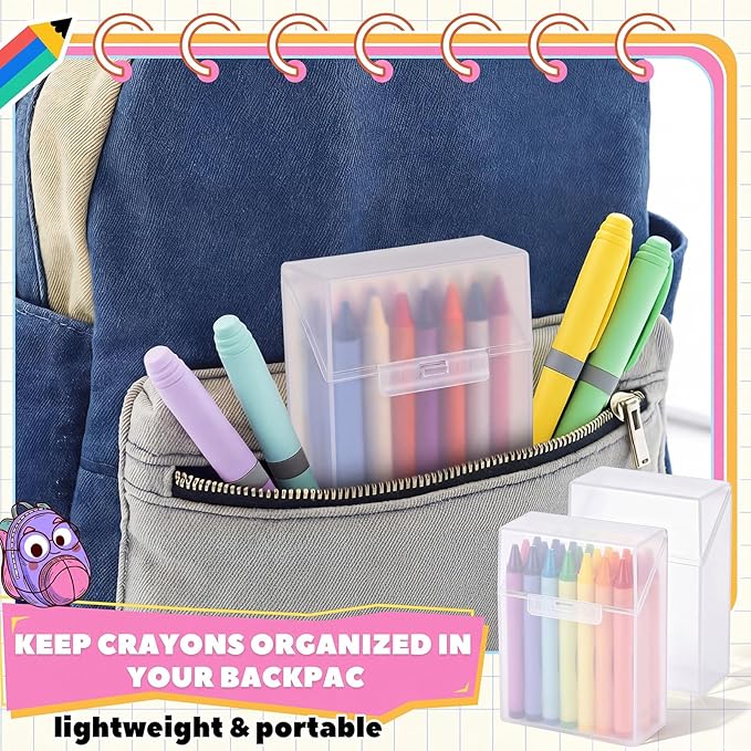 Clabby 8 Pcs Plastic Crayon Organizer Case for 24 Count Crayons Kids Art Supply Storage Box with Lid, Portable Holder for Classroom Home Travel, Fits Standard 24-Pack Crayon (Clear)