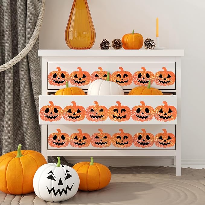 JarThenaAMCS 60 Pcs Halloween Bulletin Board Borders Orange Laser Pumpkin Face Border Trim Sparkly Self-Adhesive Sticker Decals for Holiday Party Home Classroom