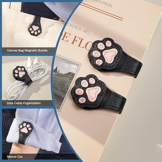 2Pcs Magnetic Leather Bookmarks with Gift Box Magnetic Pen Holder Book Marks Clip Gift for Book Lover Readers Men Women Teachers Students, Paw (Black+Black)