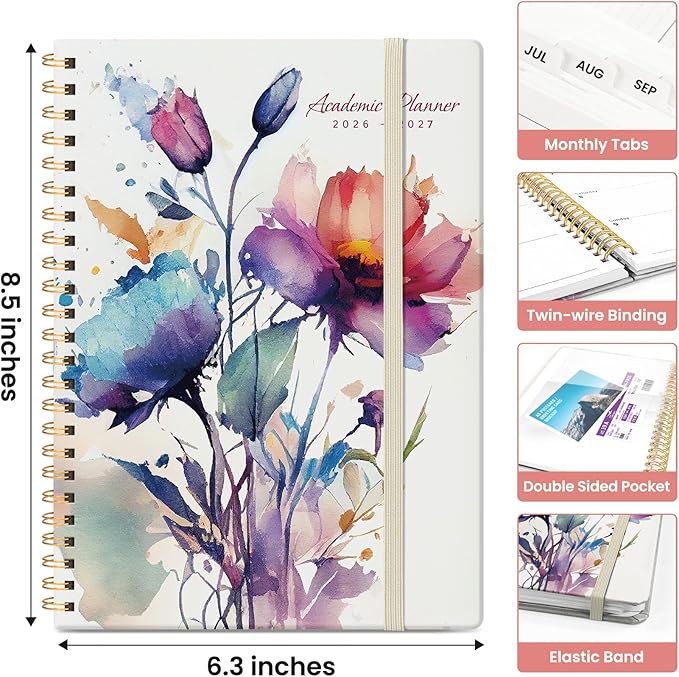 Planner 2026-2027, Academic Monthly and Weekly Calendar Planner for Women, July 2026 - June 2027, Hardcover Pretty Agenda Planner Book with Tabs, Spiral Daily Organizer for School Office Home Supplies, 6.3" x 8.5" - Painted Bloom