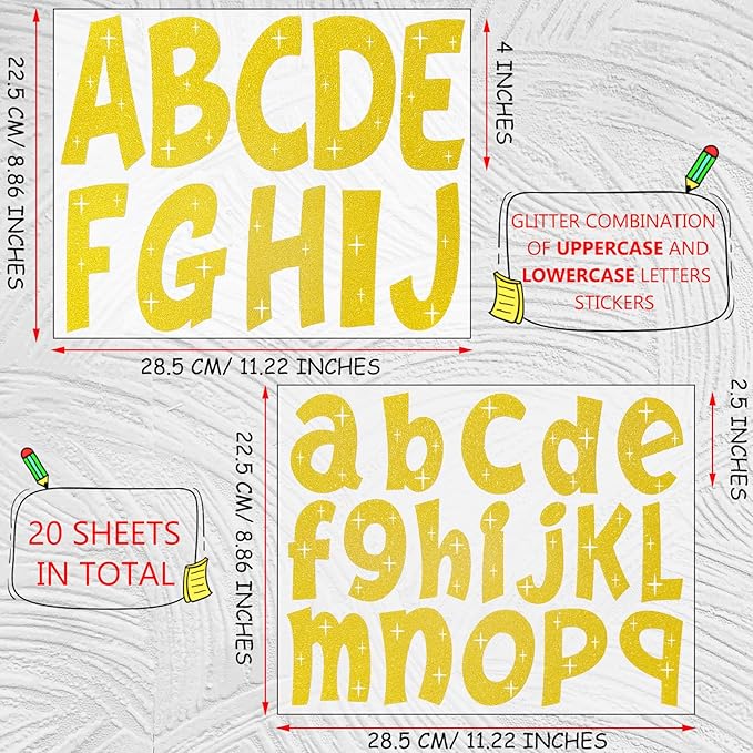 260 PCS Bulletin Board Letters 4 Inch Glitter Large Sticker Letters for Bulletin Board Self-Adhesive Alphabet Poster Board Letter for Classroom Home School Decor(Gold)