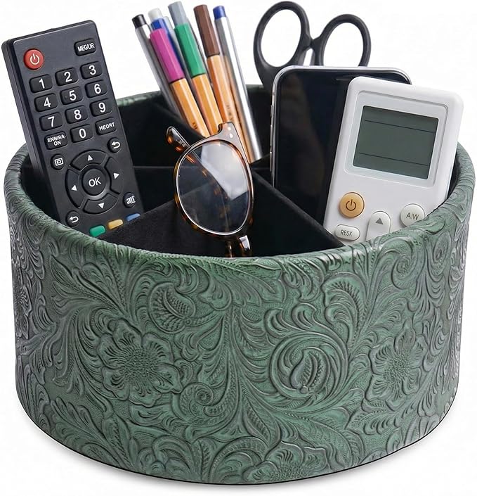 lizimandu Remote Control Holder, 360°Spinning PU Leather Desk TV Remote Caddy,Desk Storage Box Room Accessories for Controller, Media,Mail,Calculator, Mobile Phone,Pencil(1B-Carved3 Green)