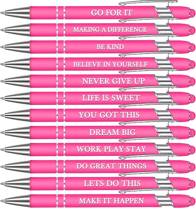 Zonon 12 Pcs Inspirational Pens Gift Set Funny Ballpoint Pen with Stylus Tip Motivational Graduation Gifts Bulk for Teacher Coworkers Nurse School Office Supplies(Pink,Motivational Style)
