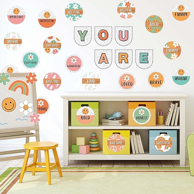 JarThenaAMCS Boho Affirmation Station Bulletin Board Set Retro Motivational Inspirational Paper Cutouts with Glue Points Positive Growth Mindset Decor for Back to School Students Classroom Home
