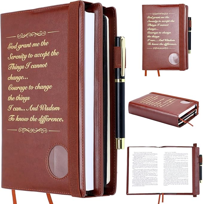 Motipuns Double Alcoholics Anonymous AA Big Book Cover for 12 Steps & 12 Traditions Double AA Book Cover with Medallion Holder Pen Clip Alcoholics Anonymous Gifts for Serenity Prayer (Brown)