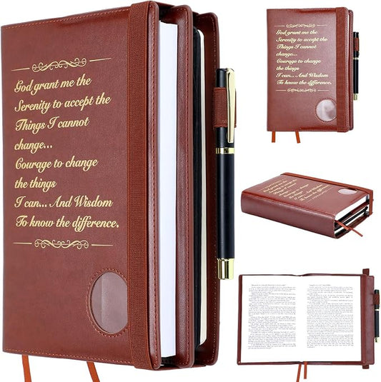 Motipuns Double Alcoholics AA Big Book Cover for 12 Steps & 12 Traditions Double AA Book Cover with Medallion Holder Pen Clip Alcoholics Gifts for Serenity Prayer(Brown)