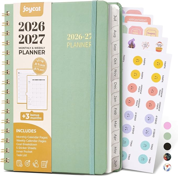 JoyCat Academic Planner 2026-2027, July 2026 - June 2027, A5 Weekly & Monthly Planner, Hardcover Agenda with Tabs, 5 Sticker Sheets, Elastic Closure & Pocket for Teachers & Students, 6.3" x 8.5", Green