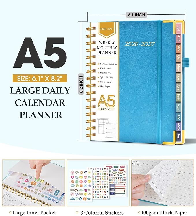 Academic Planner 2026-2027, Hardcover Leather Weekly and Monthly Calendar Planner from July 2026 - June 2027, A5 6.1" x 8.2" Daily Agenda with Tabs, College School Organizer for Student Teacher, Pacific Green