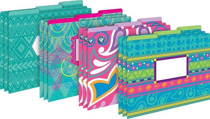 Barker Creek File Folders - Set of 12 Bohemian Letter Size Folders, 14pt Stock, Multi-Design Set, 1/3 Cut Tabs, Reversible, Home, School and Office Supplies (2002)