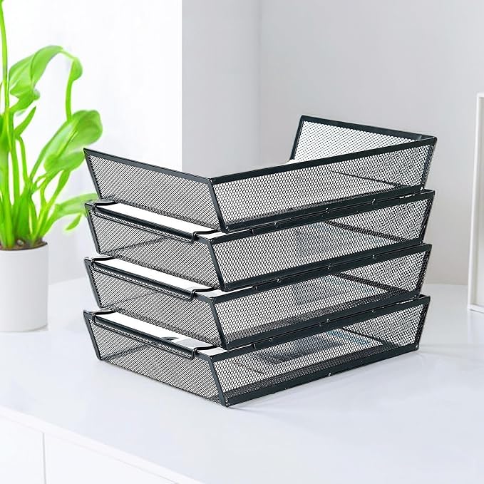 SETTFRFE 4 Tier Metal Mesh Desk Organizer-Stackable Paper Tray for Home, Office,School,Black File Storage System with Reinforced Edges