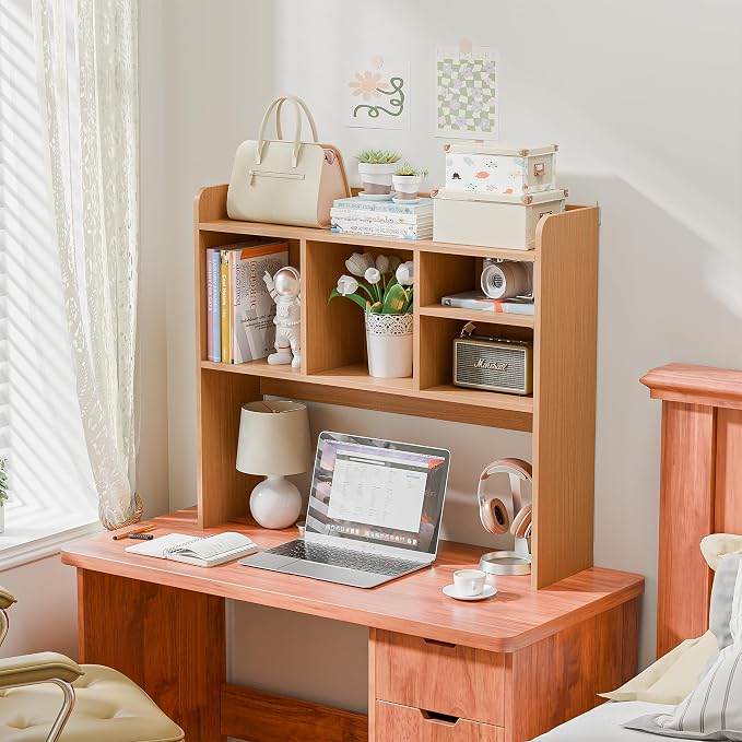 Nova Microdermabrasion Wooden Desktop Bookshelf with 6 Shelves–3-Tier Desk Organizer Hutch for Computer Desk, Home or Office (Natural)
