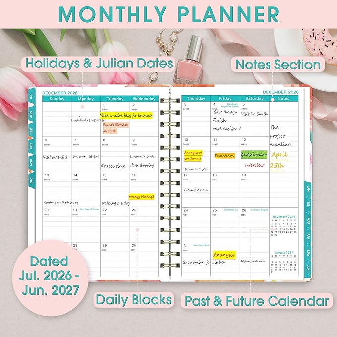 Planner 2026-2027, Academic Year Planner - Daily, Weekly & Monthly Calendar, Jul 2026 - Jun 2027, 6.3" x 8.5", Spiral Notebook with Tabs, Stickers & Inner Pocket, Ideal for School, Office, Home
