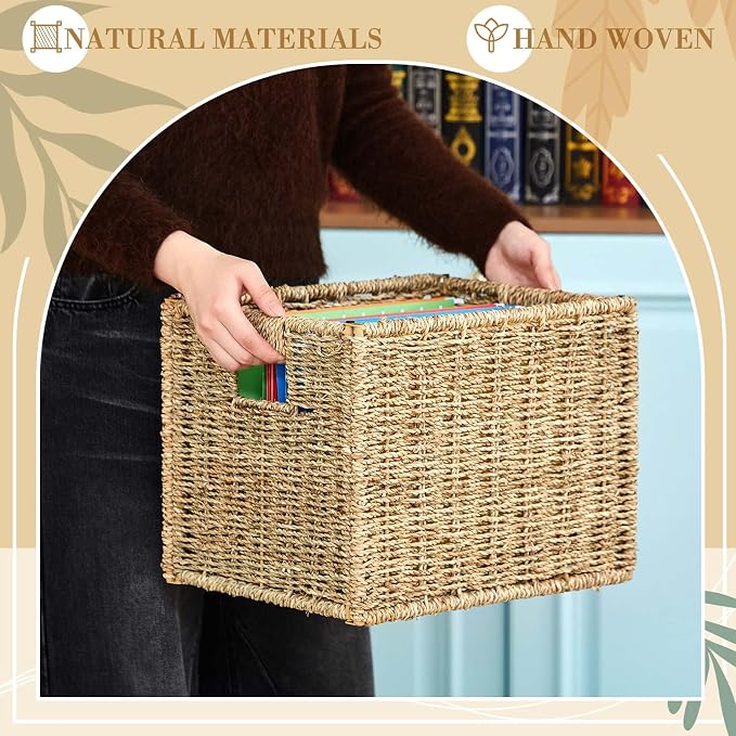 Jingmore Hanging File Box, Seagrass Collapsible Woven File Organizer for Letter Size Files, Portable Decorative Storage Basket with Handles for Home Office Decor