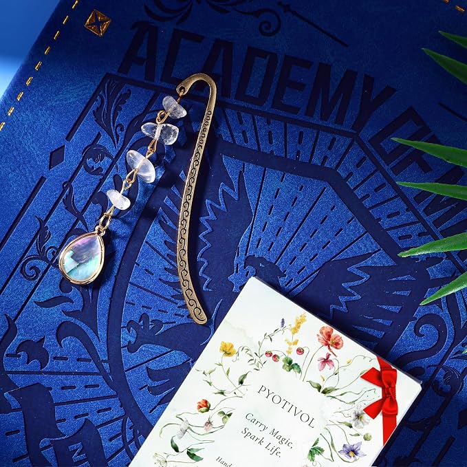 Vintage Metal Pendant Bookmark with Opal Drop Shell&Clear White Quartz Crystal StonesBead Chain–Elegant Natural Stone Protein Bookmarks for Women,Men,Book Lovers and Girls(Bronze)