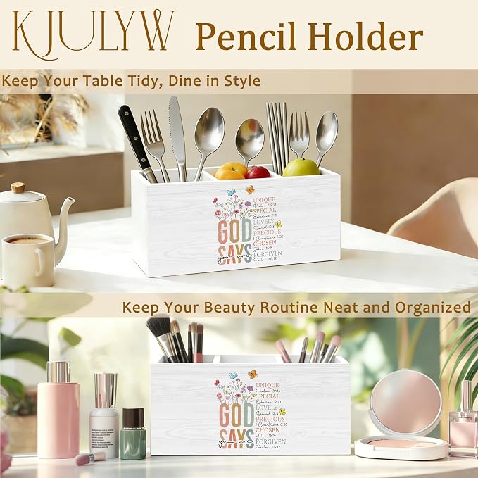 Boho Christian Pen Holder for Desk, God Says You Are Gifts for Women, Inspirational Religious Wooden Box Pencil Pen Holder Organizer for Home Office Desk Accessories