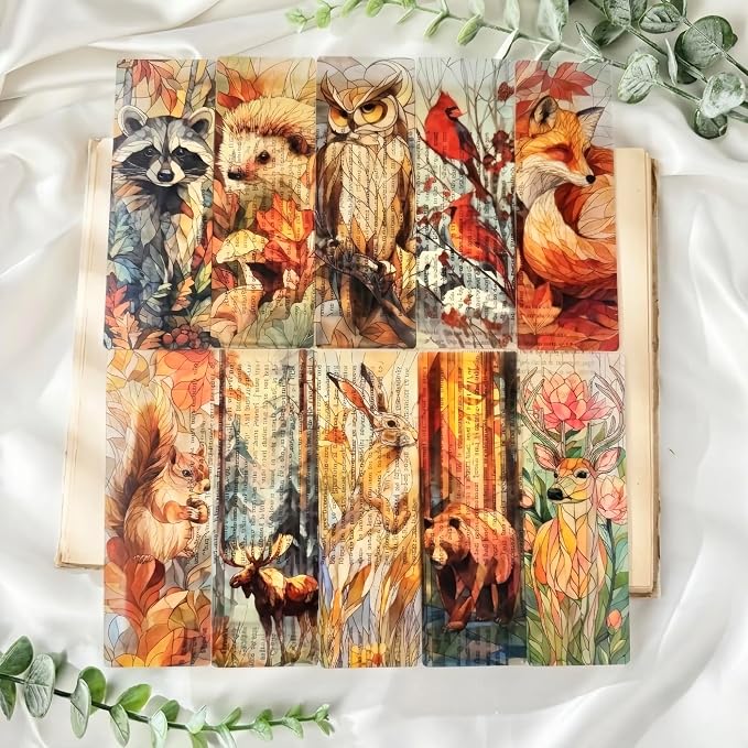 Cute Animals Bookmark Gifts - 10 Pcs Fantasy Woodland Stained Glass Bookmarks for Women Men Book Lovers Students Pretty Page Marks School Reading Accessories Bookish Birthday Graduation Gift