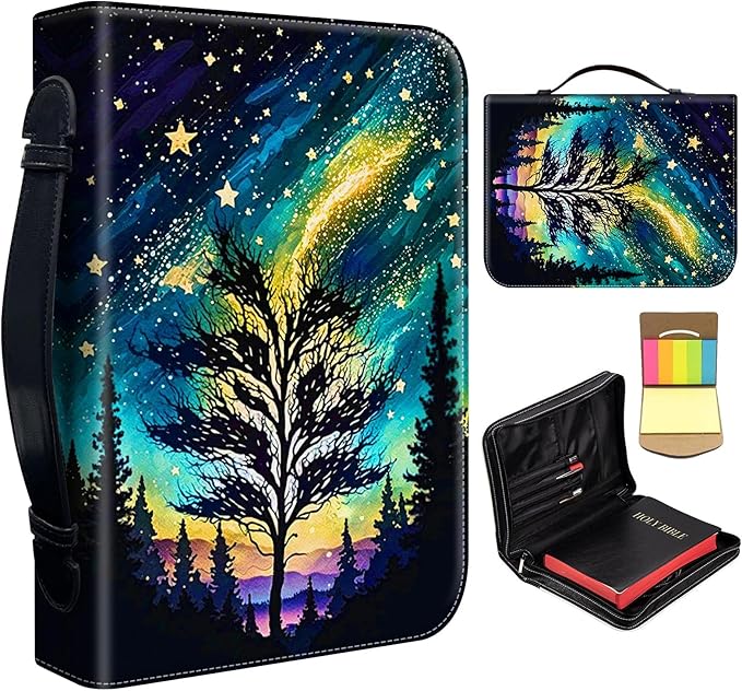 Bible Cover for Men Women,Large Leather Bible Case Fit Book Up to 11x8x2 Inch,Stars Tree Bible Covers Bible Study Carrier Church Bags w/Handle & Zipper