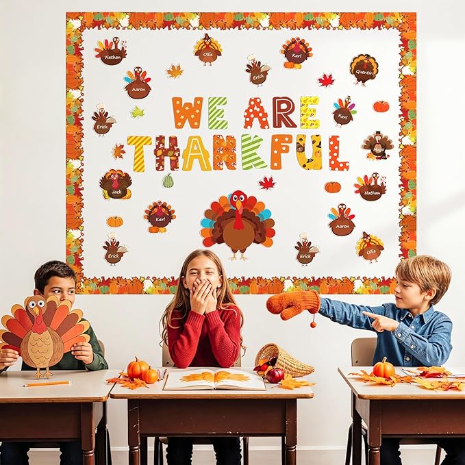 YUUIKLLE 97pcs Thanksgiving Turkey Bulletin Board Decoration Set Fall Turkey Pumpkin Maple Leaf Autumn Harvest Bulletin Board Cutouts,for Home Office School Chalkboard Wall Door Decor
