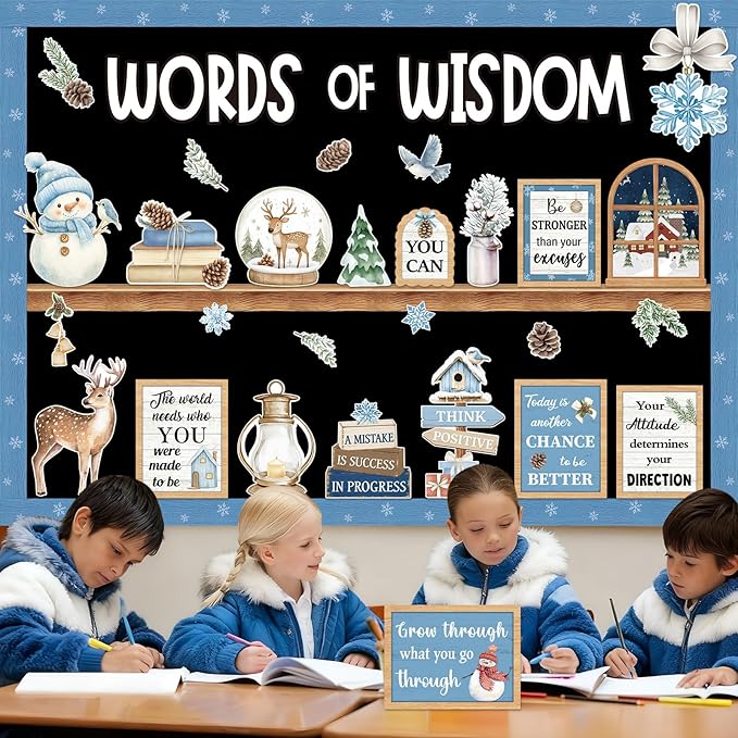Mooliwe 57 Pcs Christmas Winter Bulletin Board Set Inspirational Classroom Decoration Watercolor Snowflake Snowman Cutout for Holiday School Chalkboard Door Wall Decor