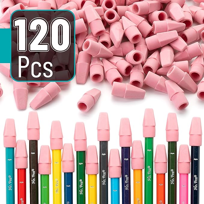 Mr. Pen- Pencil Top Erasers, 120 Pack, Pink, Latex-Free, No-Smudge Cap Pencil Erasers for Precise Erasing, Kids, Teachers, Studying Supplies