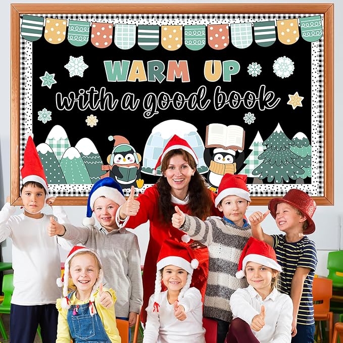 64Pcs Winter Reading Bulletin Board Decoration Set Warm up with a Good Book Classroom Decor Winter Penguin Snowflakes Paper Cutouts for School Home Chalkboard Christmas Xmas Holiday Party Supplies