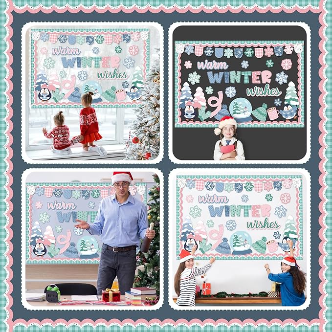Winter Wonderland Bulletin Board Set Warm Winter Wishes Snow Globe Classroom Decorations Snowflakes Penguins Mittens Hats Trees Paper Cutouts for Office Home Library Wall Holiday Display