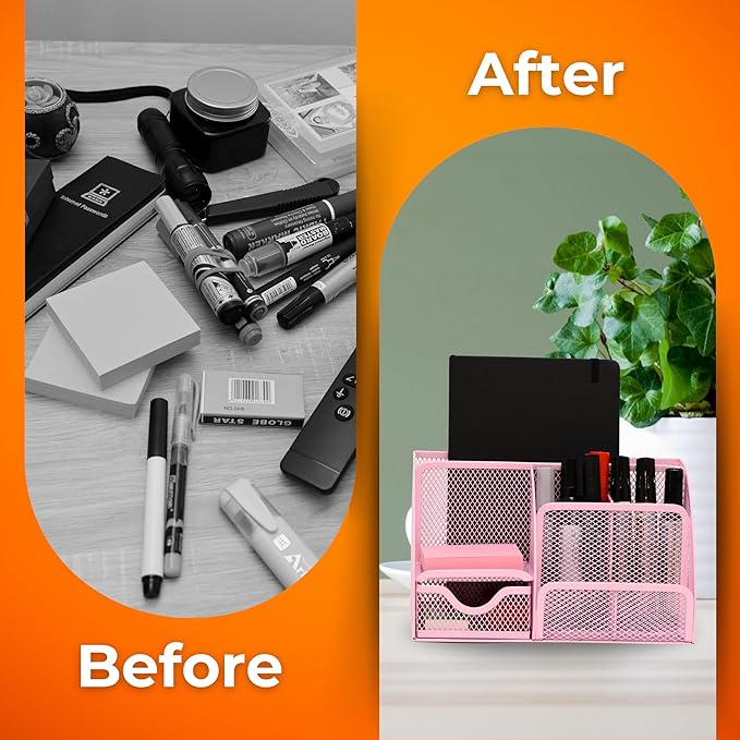 Mesh Desk Organizer - Office Accessories with Sticky Notes, 6 Compartments, Drawer & Pen Holder for Home, School
