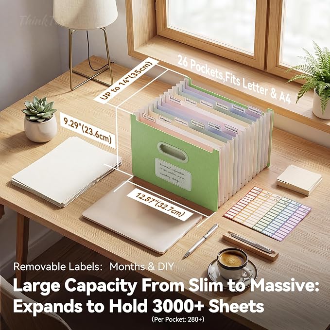 ThinkTex 12-Pocket Accordion File Organizer, Upright Open Top, Monthly Tabs, High Capacity Wheat Straw Expanding File Folder, Fits Letter A4 & Manila Folders for School Home Office -Grass Green