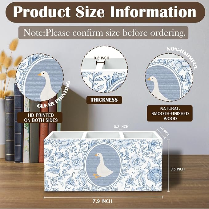Blue and White Floral Goose Pen Holder for Desk, Chinoiserie Flower Goose Pencil Organizer, Grand Millenial Animal Wooden Box Sign Desk Decor for Girl Nursery Home Office Decoration