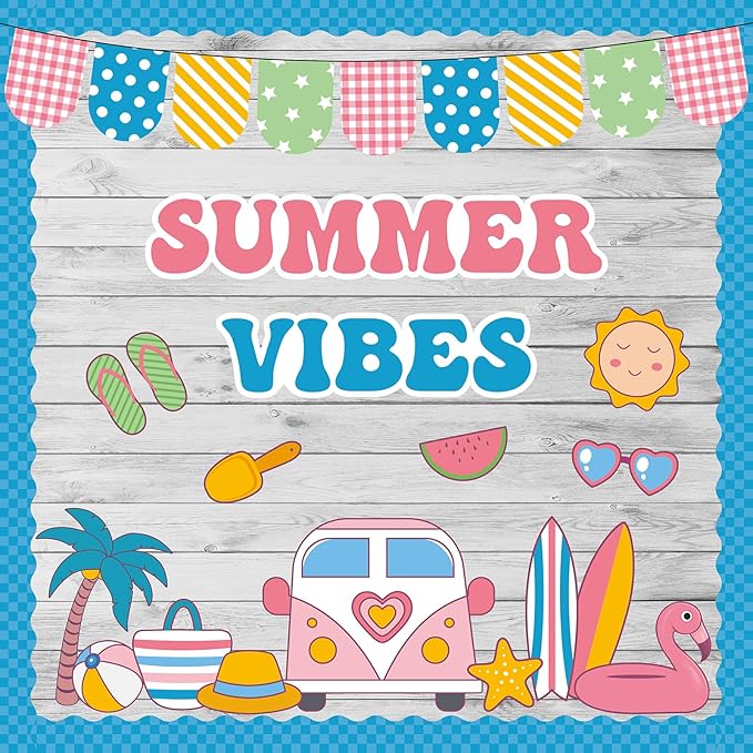 QOUBAI Hello Summer Bulletin Board Set Beach Theme Classroom Bulletin Board Decorations Surfing Tropical Palm Cutouts for Back to School Bus Teacher Supplies Nursery Home Chalkboard Wall Door Decor