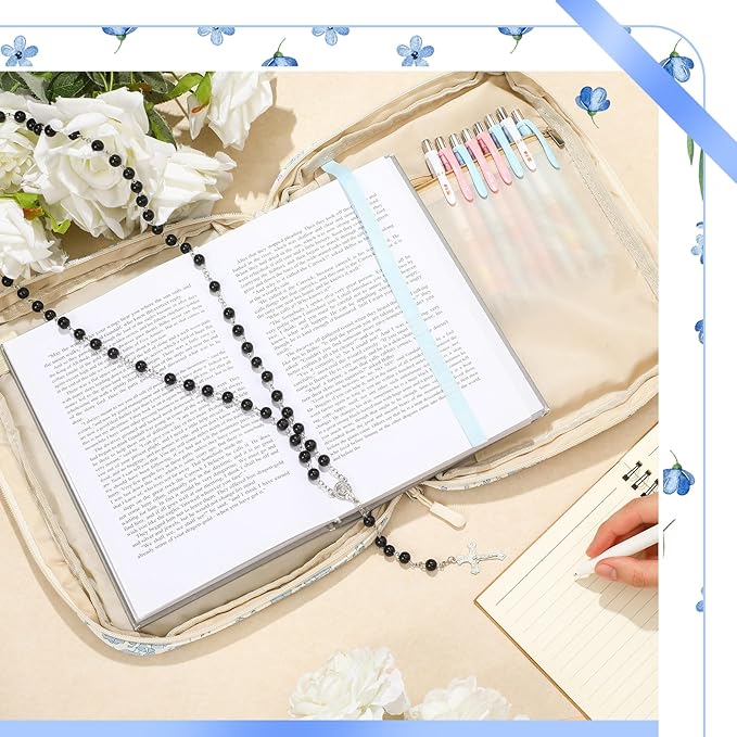 Aliceset Large Bible Cover Case for Women, Blue Floral Quilted Cotton Bible Carrying Case Organizer Bag with Handle and Zipper, for Christian Easter Gifts, Study Supplies Accessories