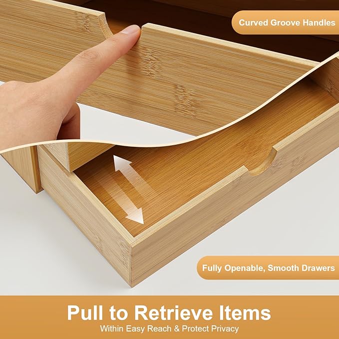 Desk Organizer, Office Vanity Bamboo Desk Organizer, Mini Bamboo Desk Drawer Tabletop Storage Box with 3 Drawer Night Stand Table Organizer for Makeup Vanity Office Supplies (3 Drawer, 2 Top+1 Bottom)