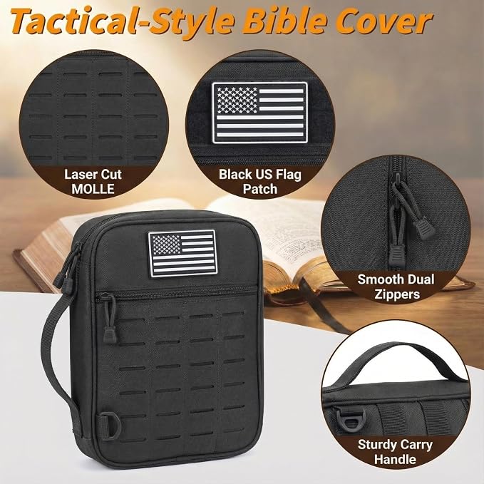Tactical Bible Cover for Men, Large Bible Case with Shoulder Strap & US Flag Patch, Water Resistant Bible Carrier Bag with Handle, Multi Pockets for Church Study & Travel（Black）