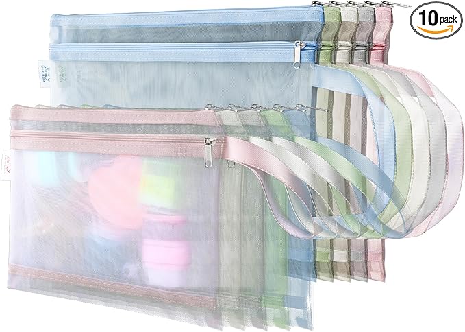 cobee 10 Pcs Mesh Zipper Pouch Bags, Colored Double-Layer Nylon Organizer Bags with Handles Building Block Sets Toy Storage Bags for School Office Games(5Pcs A4+5Pcs A5)