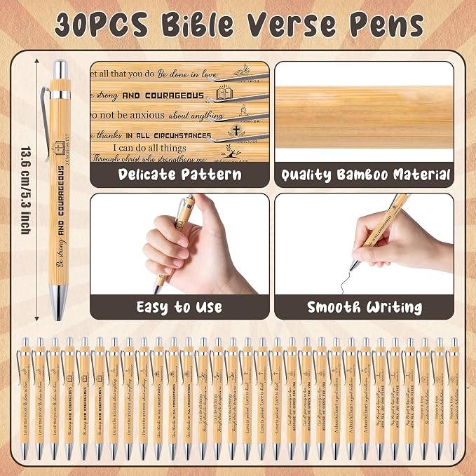 Haooryx Christian Bible Pen Bookmark - 30-Piece Christian Bible Verse Bamboo Inspirational Pens Bookmark Set You are Amazing Scripture Biblical Bookmark Church Multi-Item Party Favor Packs Gifts Bulk