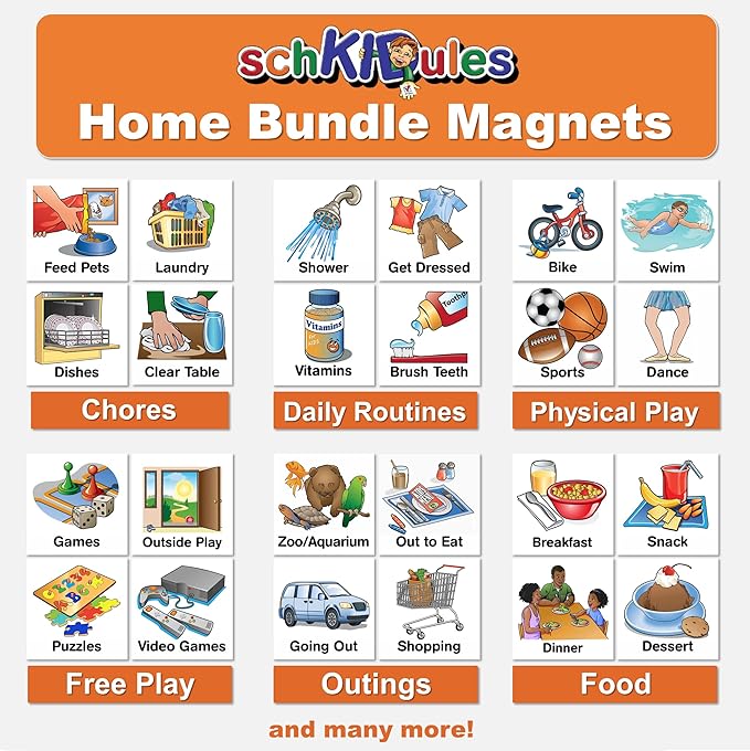 SchKIDules REDESIGNED Magnetic Visual Schedule Home Bundle Kit for Daily Routines, Chores, Behavioral Supports, Kids Calendar, and ADHD Help includes 129 Magnets, 18" Folding Reversable Board and more