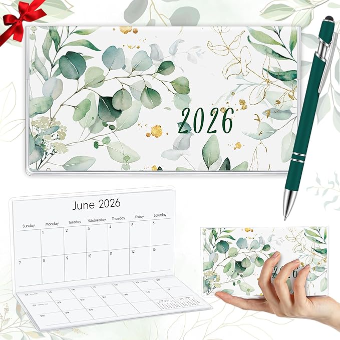 Gueevin 2026 Pocket Calendar for Purse with Pen Small Pocket Planner Handy Weekly Monthly Planner Journal Writing Notebook Valentine New Year Gift Sister Friend Women(Eucalyptus,Dark Green)