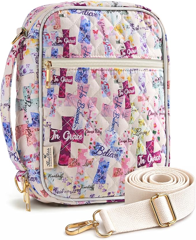 Miss Adola Bible Cover Case for Women - Quilted Bible Carrying Case Organizer Study Bag with Zipper Handle and Shoulder Strap Purple Cross Book Cover for Teen Girls