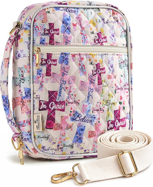 Miss Adola Bible Cover Case for Women - Quilted Bible Carrying Case Organizer Study Bag with Zipper Handle and Shoulder Strap Purple Cross Book Cover for Teen Girls
