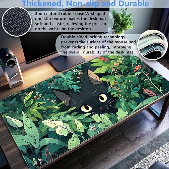 Black Cat Mouse Pad Green XL 31.5 x 15.7 in | Cute Gaming Mousepad, Kawaii Computer Mat, Full Desk Mouse and Keyboard Pad, Stitched Edge, Anti-Slip Washable