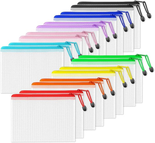 SUNEE Plastic Mesh Zipper Pouch 6.8x9.2 in (9 Colors, 18 Packs),Extra Large Water-Resistant Zip Bag for School Office Supplies, Puzzles & Games Organizing Storage