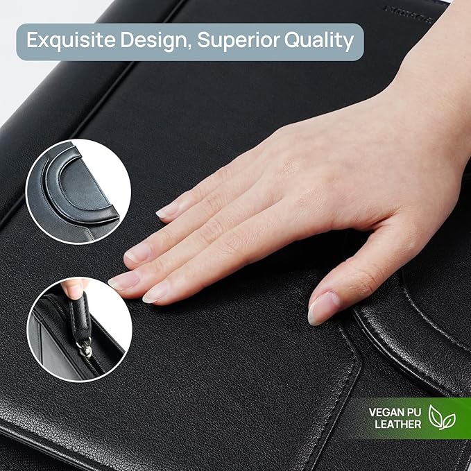 POPRUN Professional Zippered Portfolio Binder - Leather Padfolio Organizer with Notepad, Tablet Sleeve & Handles for Business, Meetings, Interviews, and Daily Office Use, Black