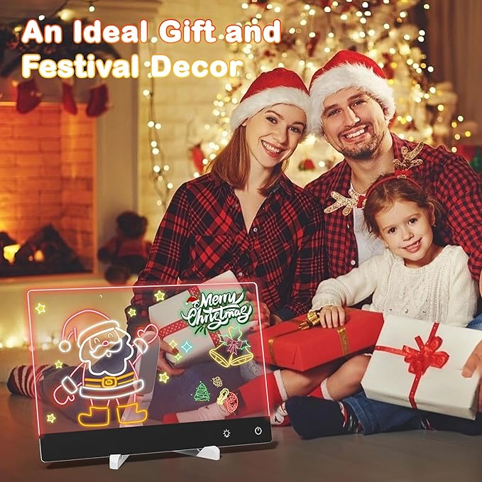Rechargeable Lumi LED Drawing Board with 12 Markers,13.7"x10"LED Note Board Acrylic Dry Erase Board with 7 Colors Light, Doodle Glow Message Board for Halloween Christmas Birthday Gifts(Black)