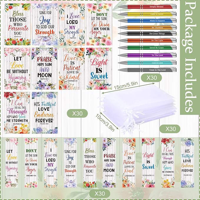 Sinmoe 120 Pcs Christian Bible Verse Sets Bulk Scripture Bookmarks Religious Ballpoint Pens Christian Notebooks & White Organza Bags for Church Wedding Women Men Party Favors Bible Study