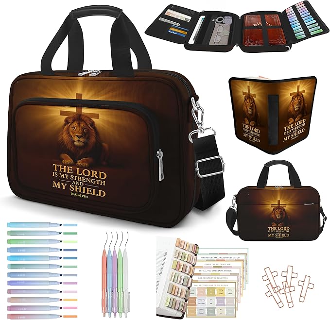 Lion Cross Bible Cover Case for Mens, Large Bible Carrying Book Case Church Bag with Strap & Handle Zipper Pocket, Bible Study Supplies Journaling Kit, Highlighters Tabs Pens Cross Clips