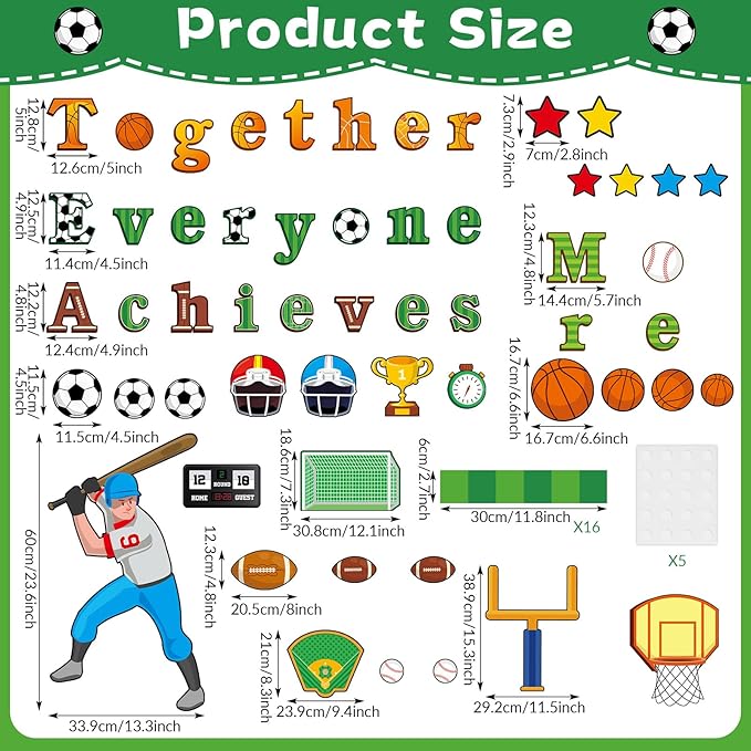 Sport Team Spirit Bulletin Board Decoration Set Football Basketball Bulletin Board Together Everyone Achieves More Paper Cutouts Motivational Wall Decor for School Classroom Back to School Decoration