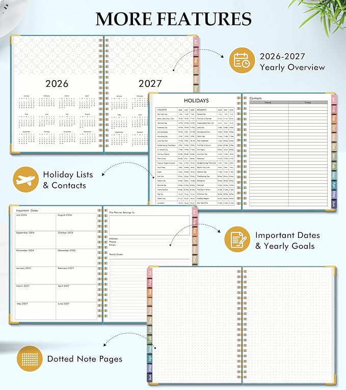 Academic Planner 2026-2027, Hardcover Leather Weekly and Monthly Calendar Planner from July 2026 - June 2027, A4 8.5" x 11" Daily Agenda with Tabs, College School Organizer for Student Teacher, Pacific Green