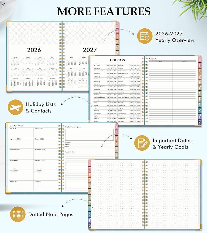 Academic Planner 2026-2027, Hardcover Leather Weekly and Monthly Calendar Planner from July 2026 - June 2027, A4 8.5" x 11" Daily Agenda with Tabs, College School Organizer for Student Teacher, Pacific Green